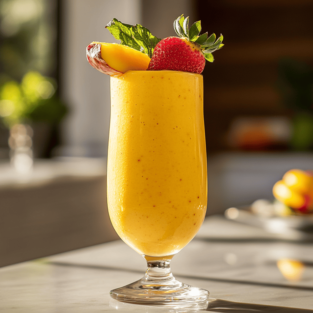 A tall glass of vibrant yellow drink garnished with a strawberry, a mango slice, and a sprig of mint, bathed in warm natural light, with a blurred background creating a cozy and inviting atmosphere.