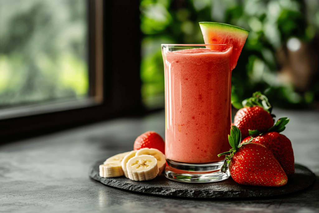 A vibrant pink drink in a tall glass, garnished with a fresh fruit slices.