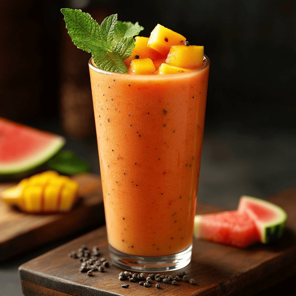 A vibrant watermelon mango smoothie served in a tall glass, garnished with fresh mango cubes and a sprig of mint. The smoothie has a bright orange hue with black specks, set against a backdrop of fresh watermelon slices and diced mango. This watermelon mango smoothie is refreshing, tropical, and perfect for a healthy, hydrating treat.