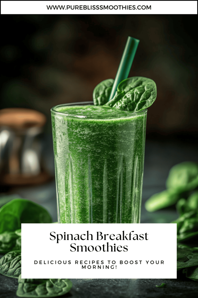 A glass of vibrant green spinach breakfast smoothie with a spinach leaf garnish and a green straw, set against a blurred background, featuring text that reads 'Spinach Breakfast Smoothies - Delicious Recipes to Boost Your Morning!' with the website URL www.pureblisssmoothies.com.