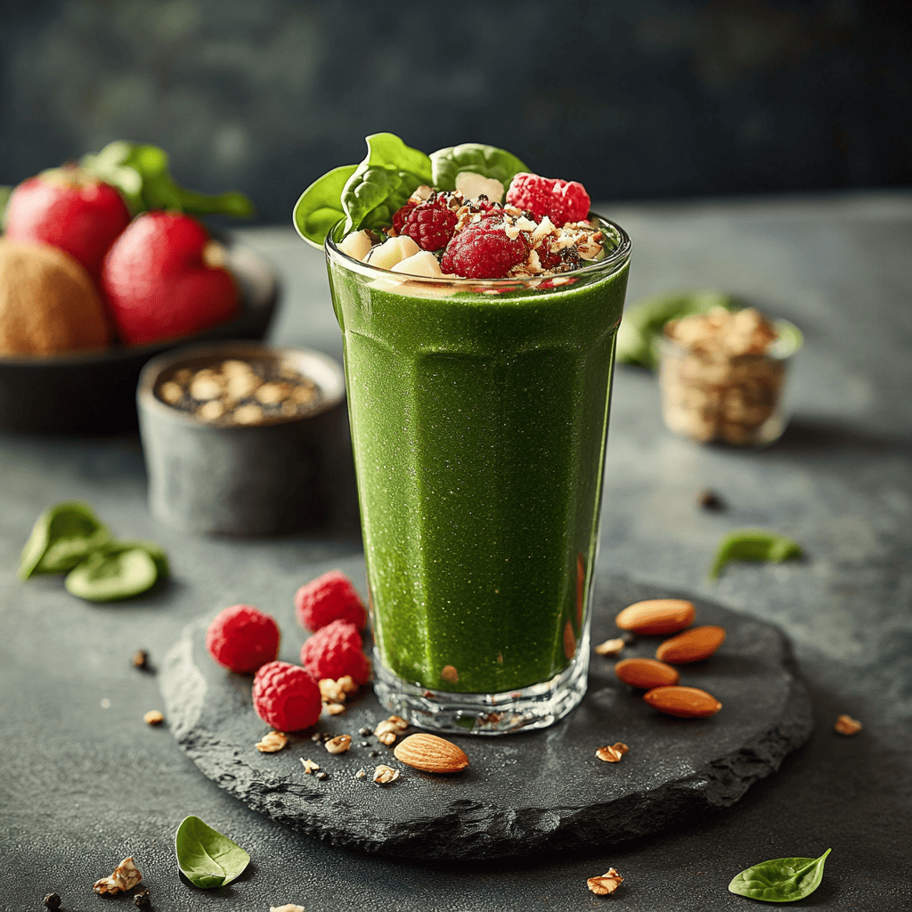 A glass of vibrant green spinach breakfast smoothie topped with fresh raspberries, chopped almonds, and spinach leaves, with additional ingredients like almonds, raspberries, and granola scattered around on a dark stone surface.