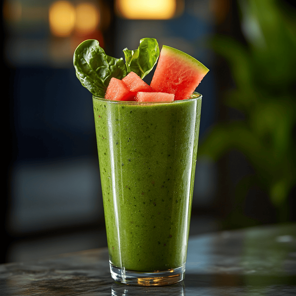 A tall glass of vibrant green spinach breakfast smoothie, garnished with fresh watermelon cubes and spinach leaves, set against a softly blurred background.