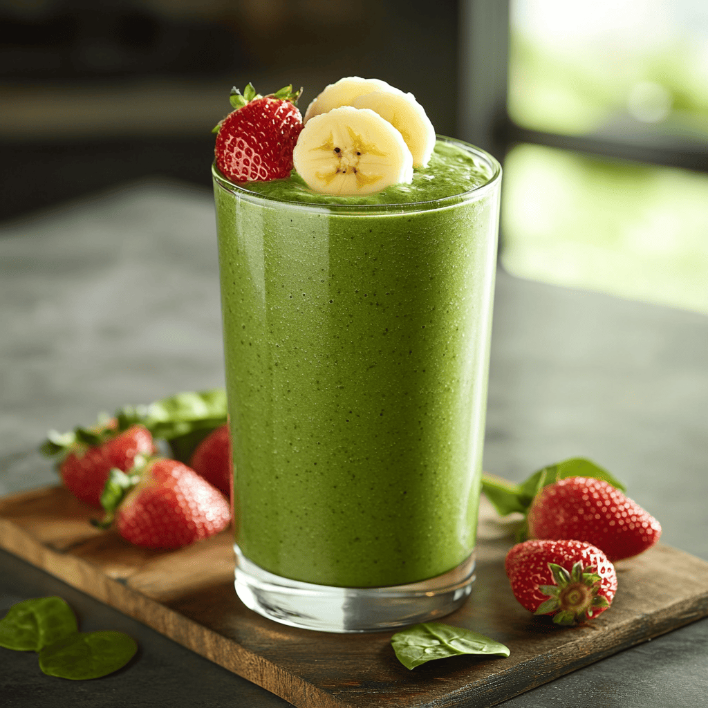 A tall glass of vibrant green spinach breakfast smoothie with banana and strawberry slices on top, surrounded by fresh strawberries and spinach leaves on a wooden board.