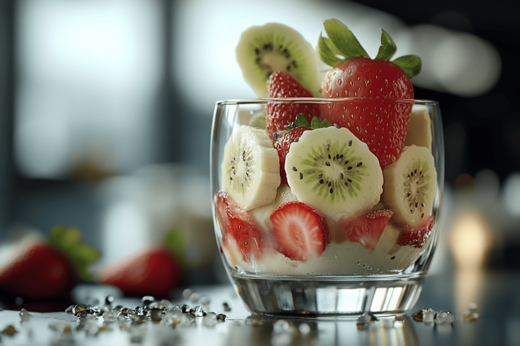 A glass filled with fresh slices of strawberries, bananas, and kiwi, showcasing vibrant colors and textures. The fruits are layered beautifully, and the scene is surrounded by scattered pieces of chia seeds on a reflective surface.