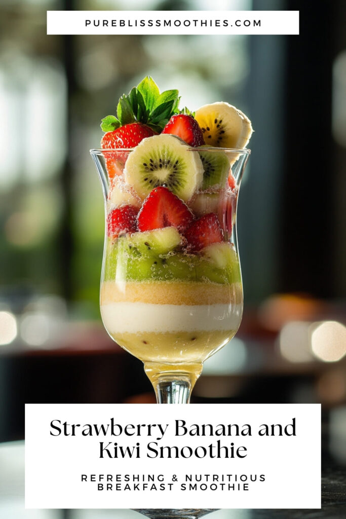 A layered strawberry, banana, and kiwi smoothie served in a tall glass, showcasing vibrant fruit layers with a creamy base. The image is topped with fresh strawberry and kiwi slices, garnished with mint leaves. The text overlay reads "Strawberry Banana and Kiwi Smoothie: Refreshing & Nutritious Breakfast Smoothie," with a website banner at the top, "pureblisssmoothies.com."