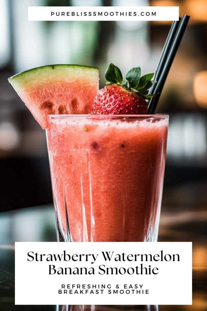 A refreshing strawberry watermelon banana smoothie served in a clear glass, garnished with a slice of watermelon and a fresh strawberry. Two black straws are ready for sipping, while the smoothie’s vibrant pink color highlights the blend of strawberries, watermelon, and banana. The image features the text “Strawberry Watermelon Banana Smoothie” and “Refreshing & Easy Breakfast Smoothie,” along with the website name “pureblisssmoothies.com” at the top, creating a visually inviting presentation for this fruity, hydrating drink.