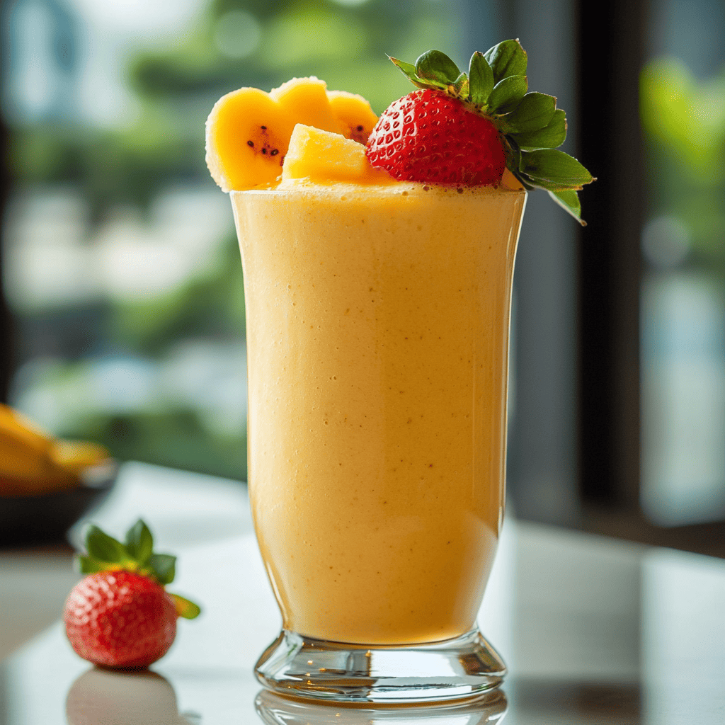 Refreshing mango banana strawberry smoothie served in a tall glass, garnished with fresh banana slices, a whole strawberry, and mango chunks. A perfect tropical smoothie blend that's both healthy and delicious.