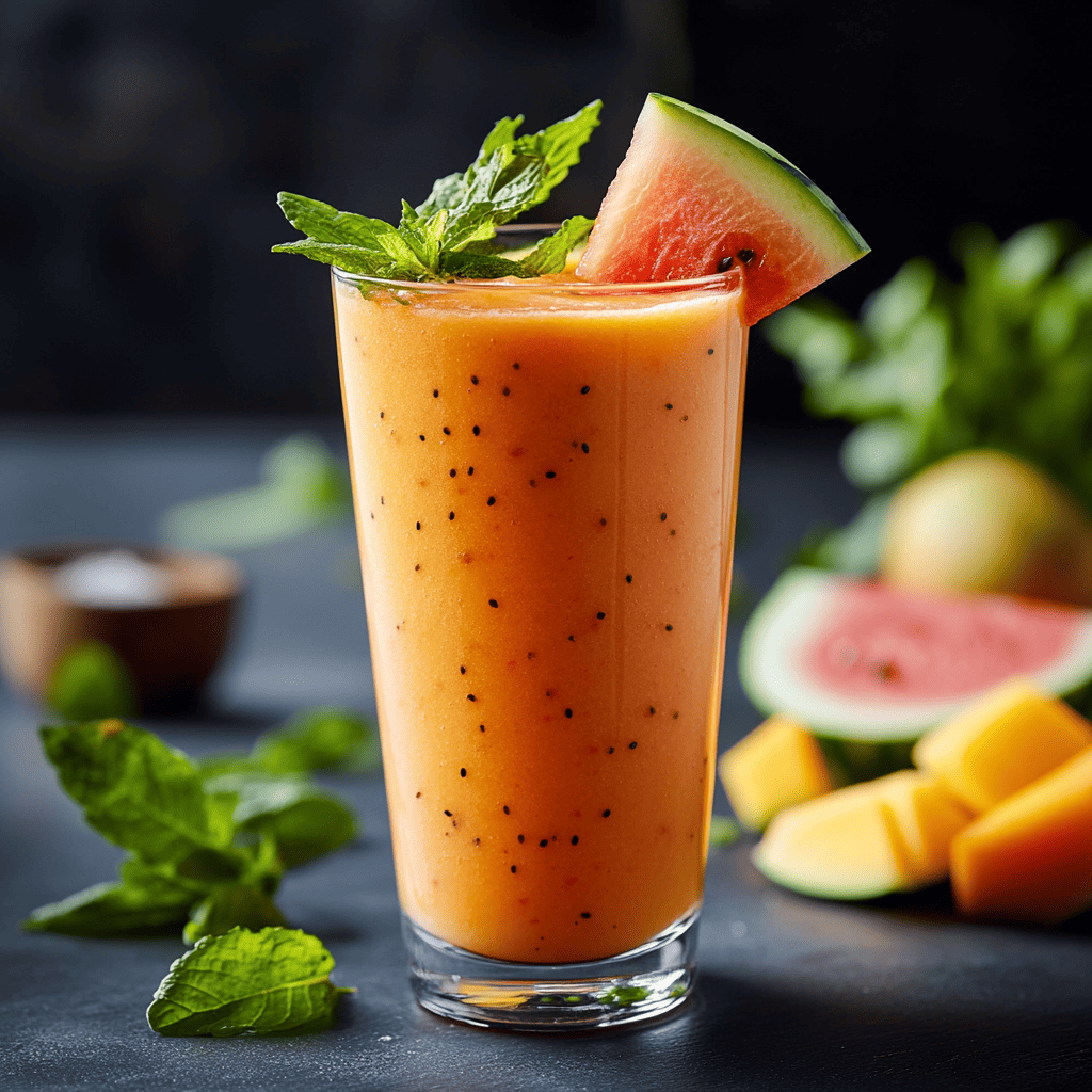 A vibrant orange drink served in a tall glass, garnished with a slice of watermelon and a sprig of fresh mint. The drink has small black seeds throughout, with a backdrop of fresh mango cubes, watermelon slices, and mint leaves on a dark surface. The setting is fresh and tropical, highlighting the drinks refreshing nature.