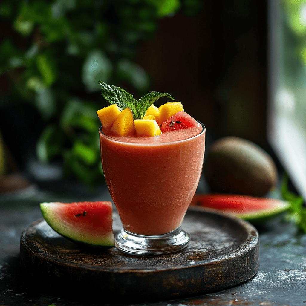 A refreshing watermelon mango smoothie served in a clear glass, garnished with fresh mango cubes, a slice of watermelon, and mint leaves. The smoothie has a vibrant orange-pink hue, sitting on a wooden tray with a rustic background. In the background, there are slices of watermelon and blurred greenery, adding to the tropical and fresh ambiance.