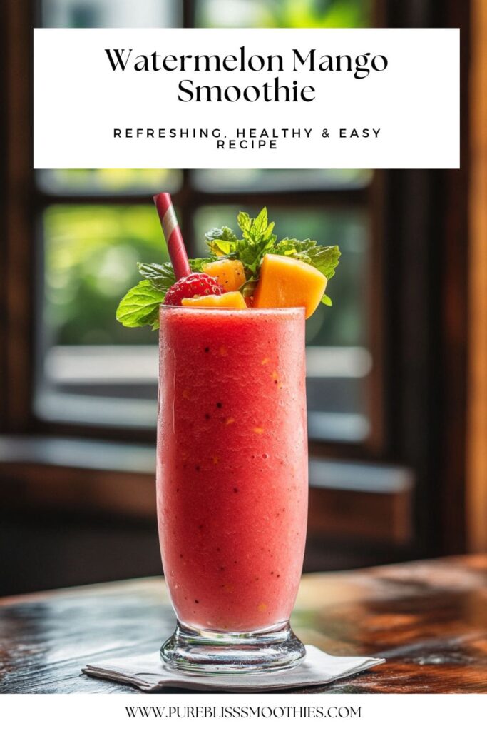 A tall glass of watermelon mango smoothie, vibrant pink in color, garnished with fresh mango cubes, a strawberry, and mint leaves, with a red and white striped straw. The smoothie looks refreshing and healthy, sitting on a wooden table with a blurred window backdrop.