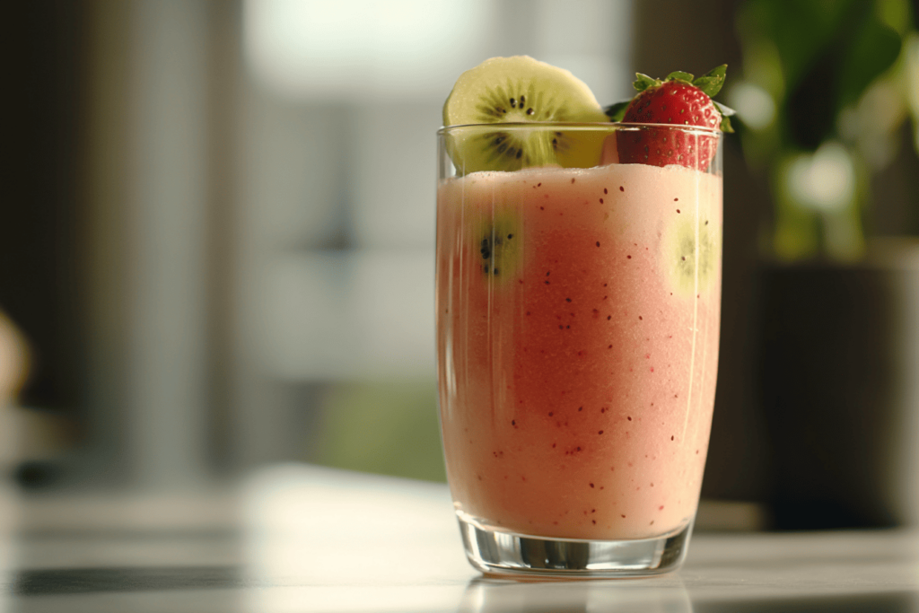 A tall glass filled with a pink smoothie, garnished with fresh slices of kiwi and a strawberry. The smoothie has a smooth, creamy texture and is set against a softly blurred background, creating a calm and refreshing ambiance.