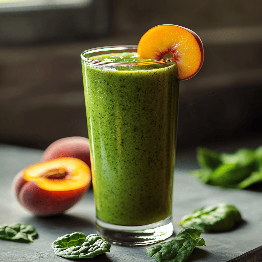 A tall glass of vibrant green smoothie garnished with a peach slice sits on a table surrounded by fresh spinach leaves and a whole peach in the background. The drink has a smooth texture, and the natural light highlights the freshness of the ingredients, creating an inviting and refreshing look.