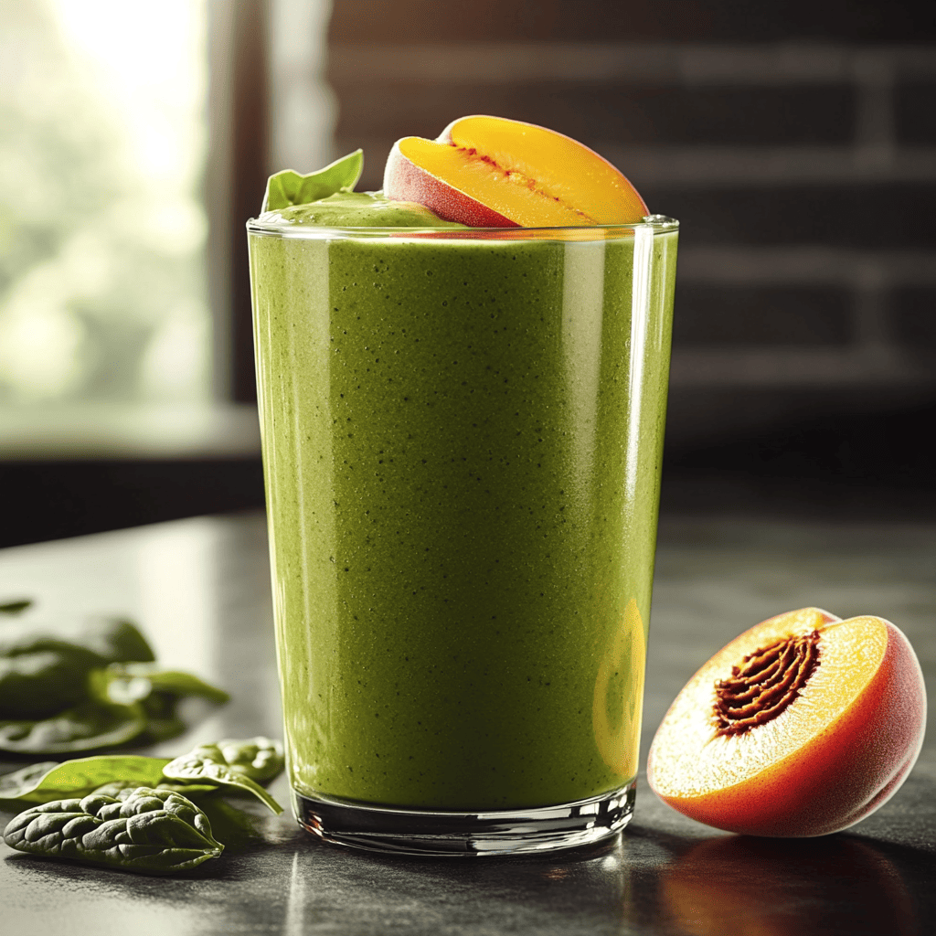 A tall glass filled with a green peach and spinach smoothie, garnished with peach slices and fresh spinach leaves. The smoothie has a creamy, smooth texture and is set against a softly lit background, with a half peach placed nearby. The image showcases a refreshing peach and spinach smoothie, highlighting the fresh ingredients and vibrant green color.