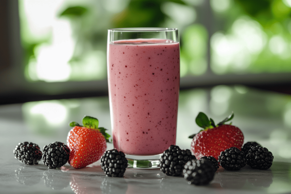 A tall glass of pink smoothie with a creamy texture, surrounded by fresh strawberries and blackberries on a reflective surface. The smoothie is set against a softly blurred background with greenery, creating a refreshing and natural ambiance.