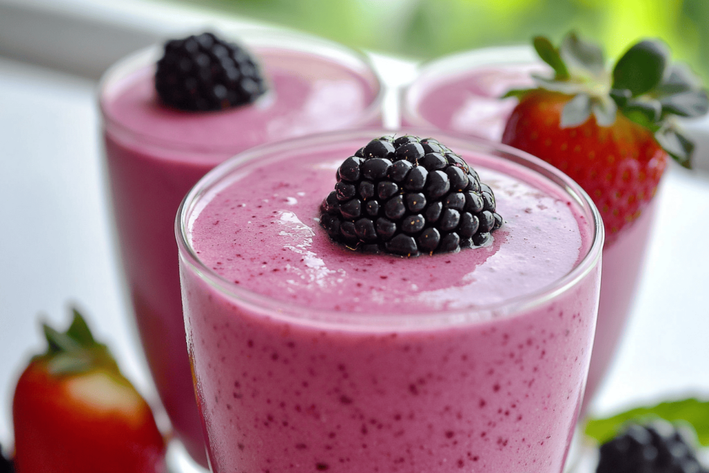 Three glasses of vibrant blackberry and strawberry smoothie, each topped with a fresh blackberry. The smoothies have a creamy, light purple color, with whole strawberries and blackberries in the background, creating a refreshing and appetizing display.