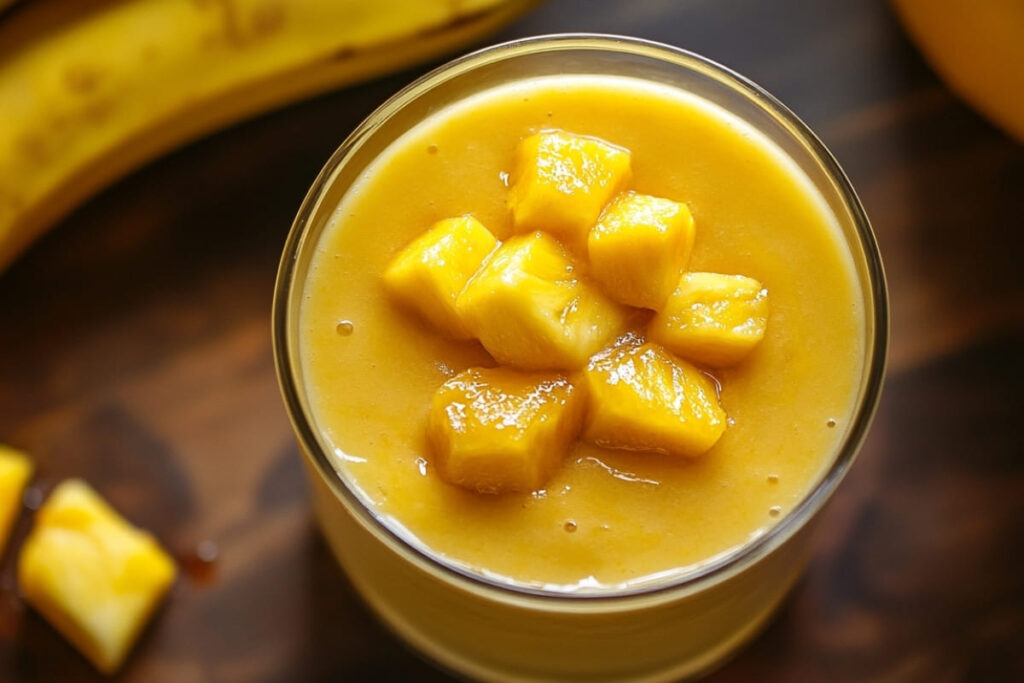 Top-down view of a banana mango pineapple smoothie served in a glass, topped with fresh pineapple chunks. Bananas and diced pineapple are visible in the background on a wooden surface.