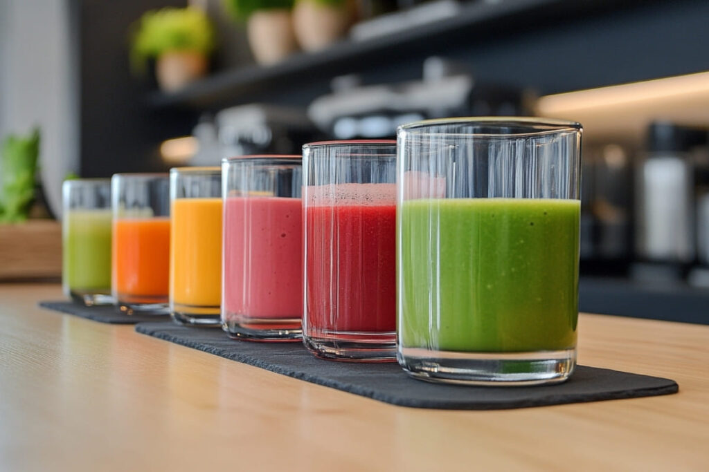 Row of colorful smoothies including green, orange, pink, and red blends in clear glasses on a wooden kitchen counter

