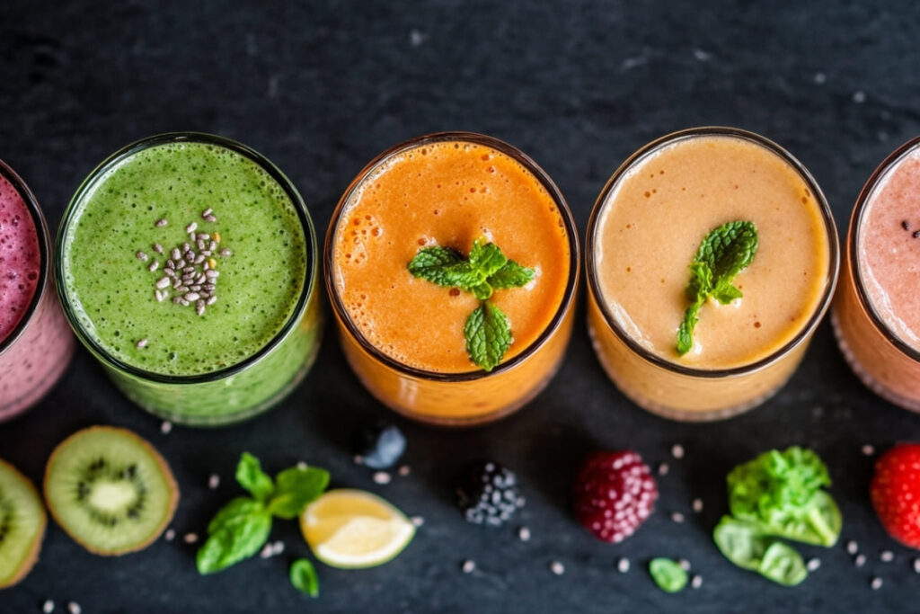 Top-down view of five colorful smoothies in glasses—berry, green, orange, and peach—each garnished with fruit, seeds, or mint. Fresh ingredients like kiwi, strawberries, spinach, and citrus are arranged on a dark background.