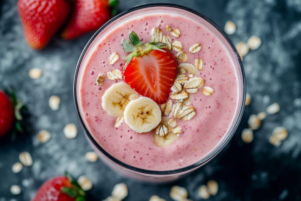 Top view of a strawberry banana oat smoothie in a glass, topped with oats, banana slices, and a halved strawberry