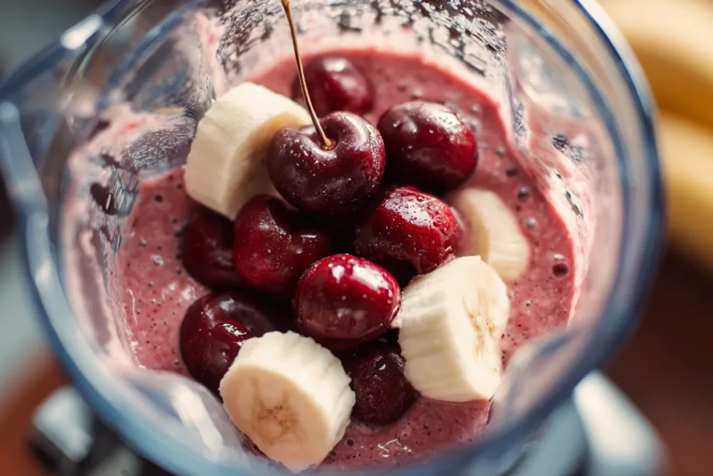 Close-up of fresh cherries and banana slices in a blender, ready to be blended into a creamy cherry banana smoothie