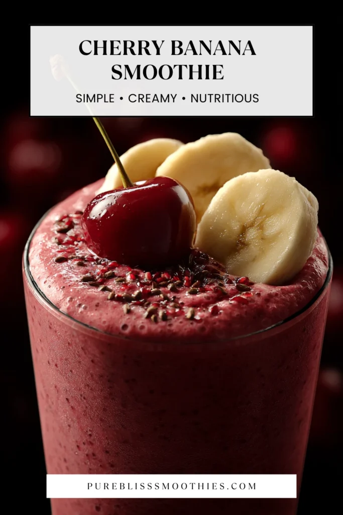 Cherry banana smoothie in a glass topped with fresh banana slices, a whole cherry, and chia seeds, labeled simple, creamy, and nutritious