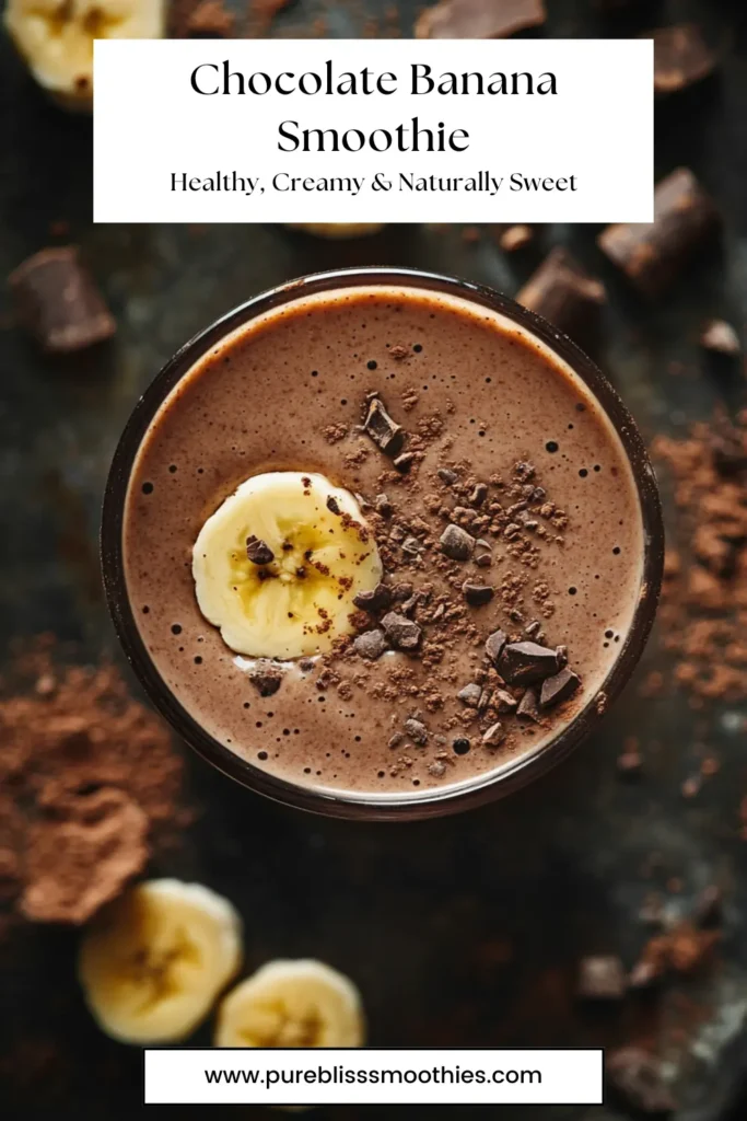 Glass of chocolate banana smoothie topped with banana slice, cocoa powder, and dark chocolate chunks. Healthy, creamy, and naturally sweet recipe.