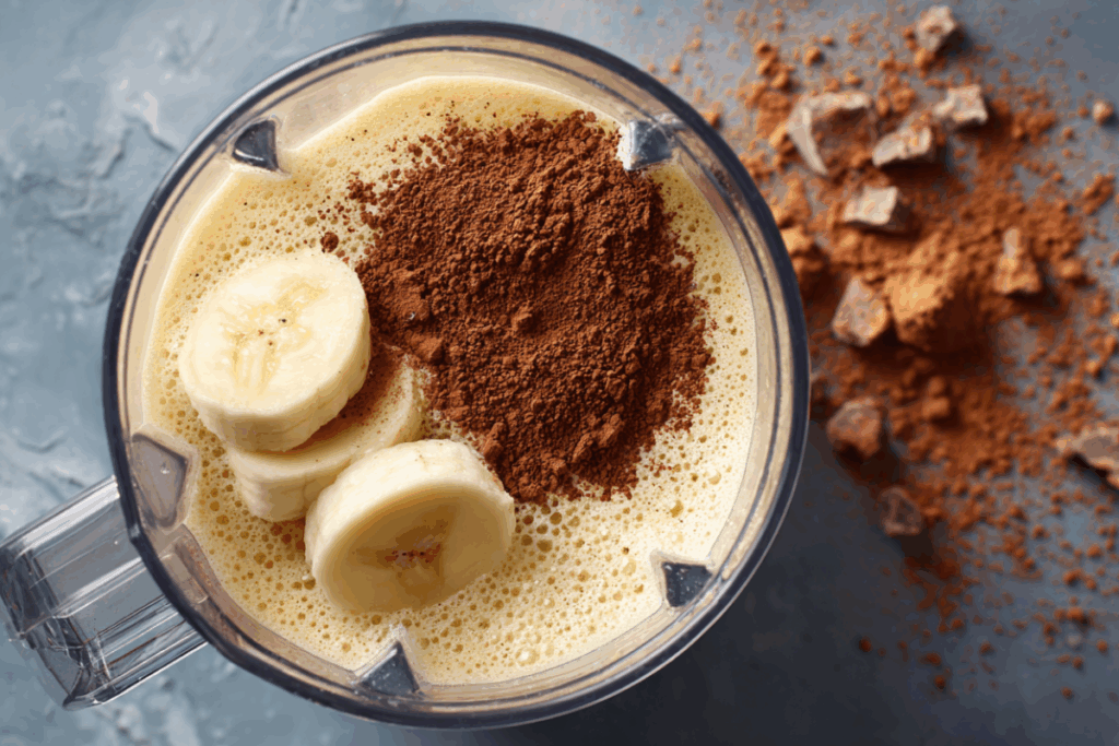 Top view of a blender with sliced banana and cocoa powder ready to blend into a chocolate banana smoothie recipe.