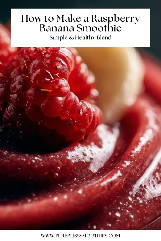 Close-up of fresh raspberries and banana blended into a creamy raspberry banana smoothie, with text overlay about making a simple healthy blend.