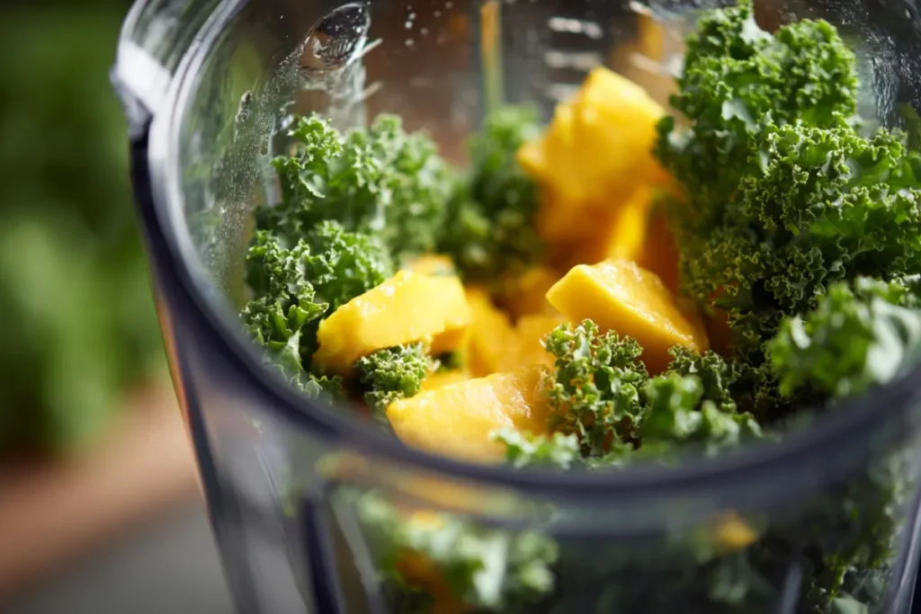 Close-up of fresh kale and diced mango inside a blender jar, ready to be blended into a vibrant kale mango smoothie.
