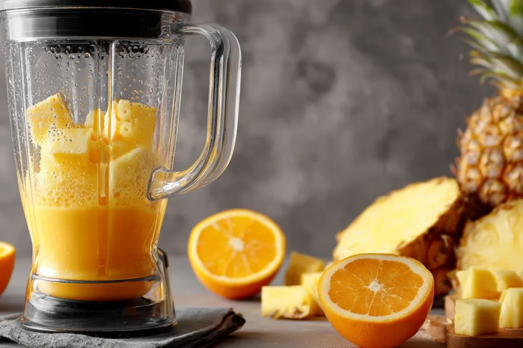 Blender filled with fresh orange juice and pineapple chunks on a kitchen counter with sliced oranges and pineapple, ready to make an orange pineapple smoothie.