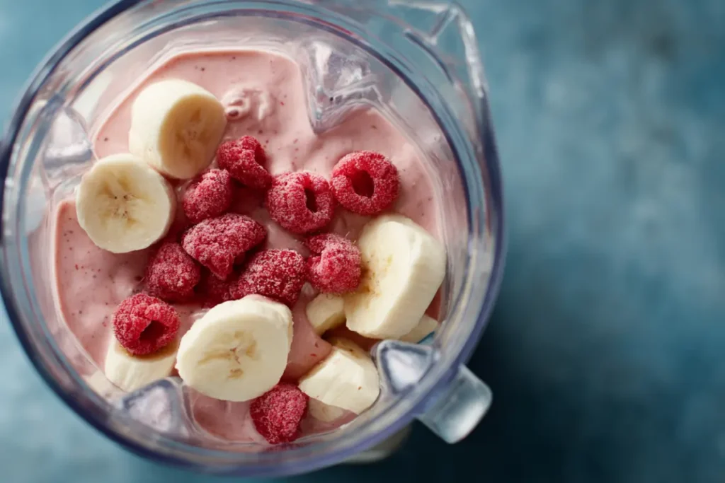 Blender filled with raspberries, banana slices, and creamy smoothie mixture, ready to be blended into a raspberry banana smoothie.