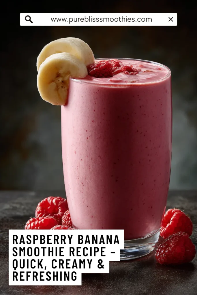 Glass of raspberry banana smoothie topped with banana slices and raspberries, with recipe text overlay highlighting quick, creamy, and refreshing.