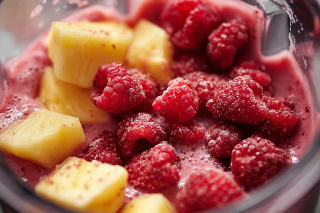 Close-up of a blender filled with frozen raspberries and pineapple chunks ready to blend into a vibrant raspberry pineapple smoothie.