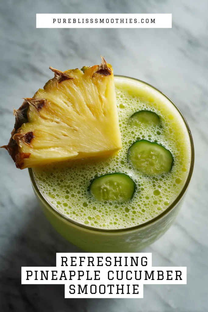 Glass of pineapple cucumber smoothie for weight loss, garnished with pineapple slice and cucumber, a refreshing hydrating detox drink.