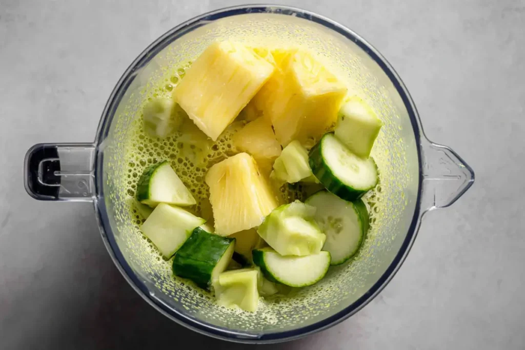 Top view of pineapple chunks and cucumber pieces in a blender ready to make a refreshing pineapple cucumber smoothie for weight loss.